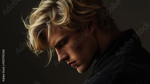 Dramatic portrait of a young man with blond hair and intense expression, lit in moody shadows. A stylish and emotional image perfect for storytelling, fashion editorials, character design, or book cov