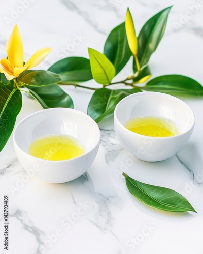 Wallpaper Mural Bright Yellow Liquid in White Bowls with Green Leaves and Yellow Flower on Marble Torontodigital.ca