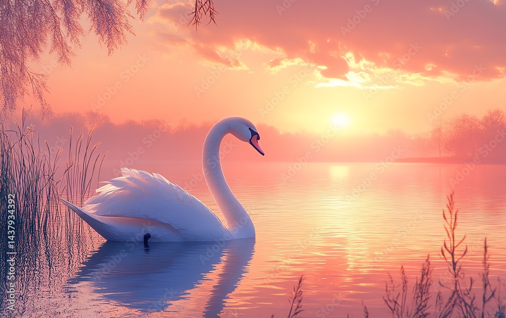 Fototapeta premium Serene swan gracefully gliding on tranquil lake at sunrise. Peaceful, idyllic scene.