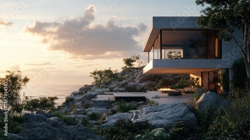 Obraz na płótnie Contemporary cliffside home, with large sliding glass doors opening onto a spacious balcony, background wallpaper AI generated image w salonie