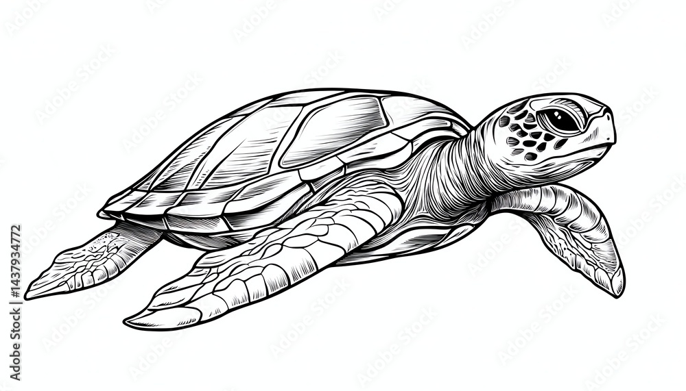 Obraz premium Detailed line art illustration of a sea turtle, swimming gracefully.