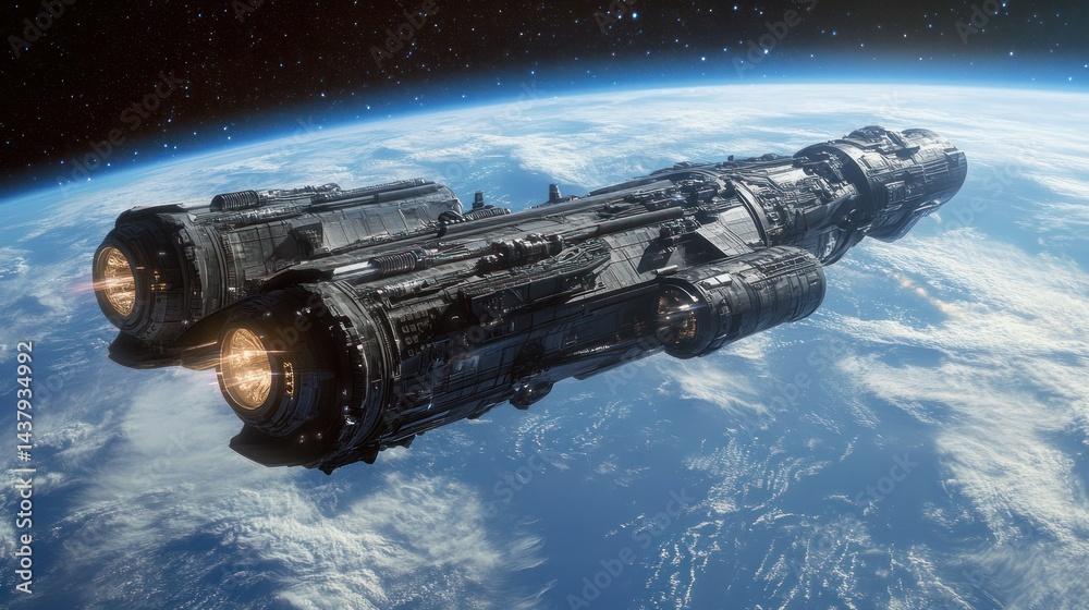 A large interstellar explorer ship with large thrusters orbiting the Earth background wallpaper AI generated image