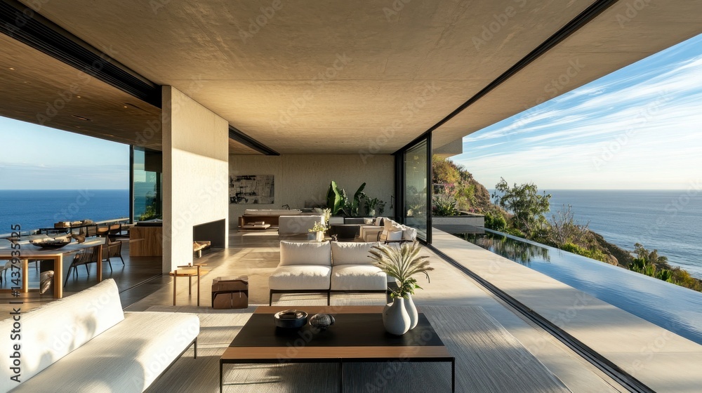 An elegant cliffside luxury home with minimalist design, and stunning ocean views, background wallpaper AI generated image