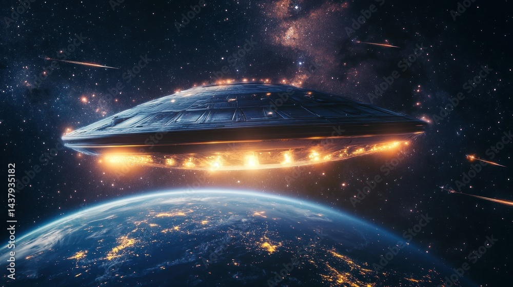 A huge spaceship flying over the Earth, surrounded by a dark starry sky background wallpaper AI generated image