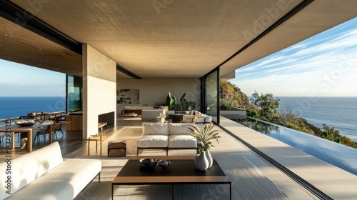 Obraz na płótnie An elegant cliffside luxury home with minimalist design, and stunning ocean views, background wallpaper AI generated image w salonie