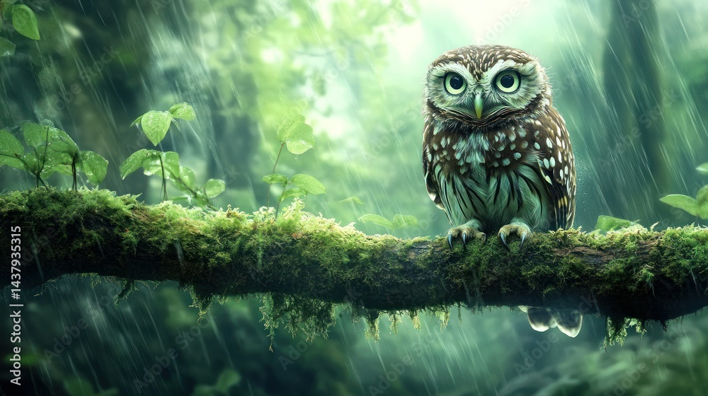 An owl perched on a moss-covered branch in the rain, background wallpaper AI generated image