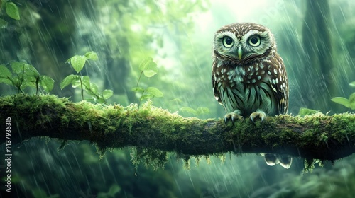 Obraz na płótnie An owl perched on a moss-covered branch in the rain, background wallpaper AI generated image w salonie