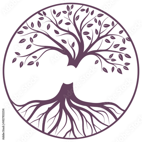 "Tree of Growth and Stability: Symmetrical Roots and Branches in Circular Design | Nature and Interconnectedness Symbolism"