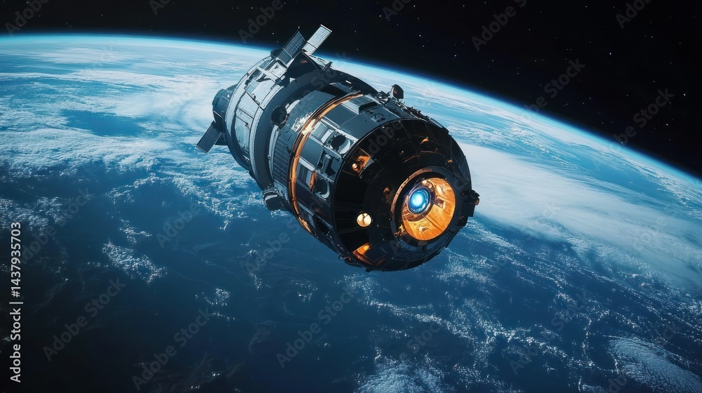 A large spaceship orbiting the Earth, with engines emitting a soft blue light, background wallpaper AI generated image