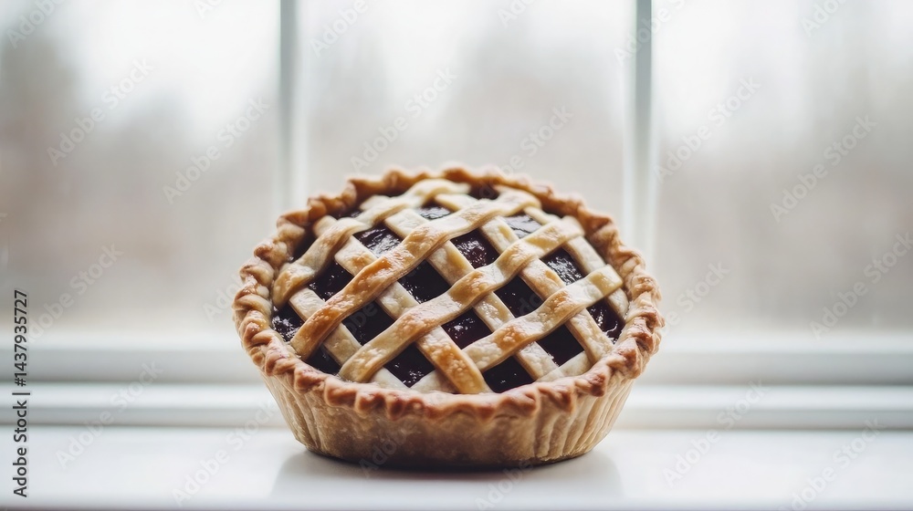 A single pie cooling on a windowsill with lattice crust and golden baked edges