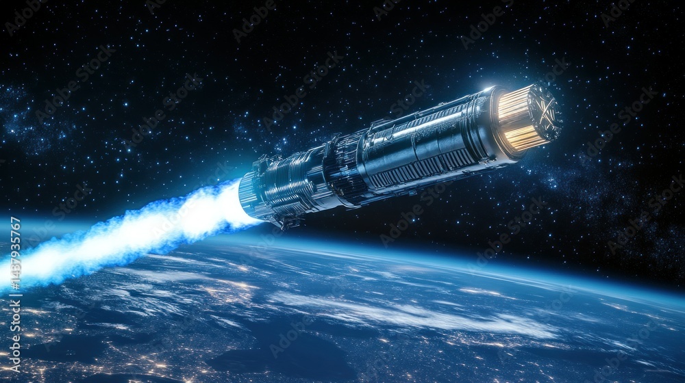 A huge spaceship flying over the Earth, surrounded by a dark starry sky background wallpaper AI generated image