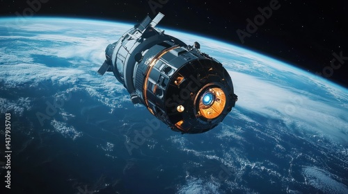A large spaceship orbiting the Earth, with engines emitting a soft blue light, background wallpaper AI generated image