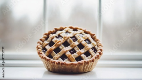 Obraz na płótnie A single pie cooling on a windowsill with lattice crust and golden baked edges w salonie