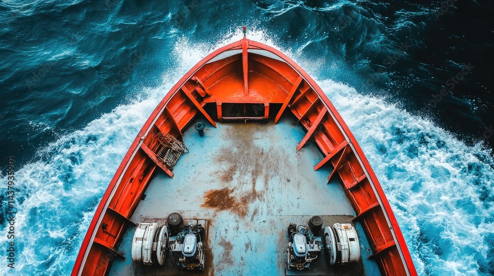 A stern view of a fishing boat with dual engines perfectly centered against a deep blue sea
