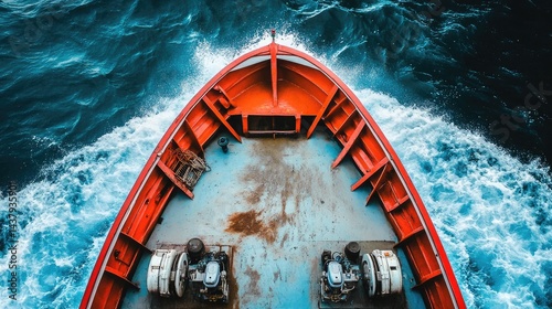 Obraz na płótnie A stern view of a fishing boat with dual engines perfectly centered against a deep blue sea w salonie