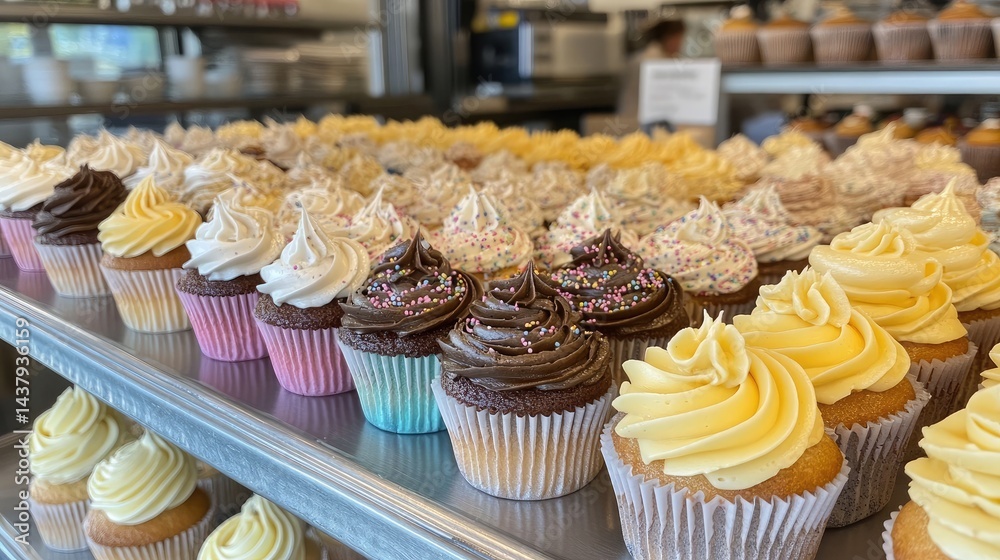 Bakery counter with tiered trays of cupcakes in colorful wrappers and intricate icing