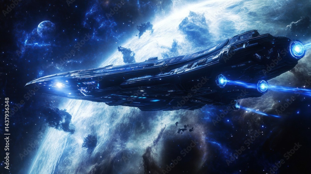 A large interstellar explorer orbiting Earth, glowing with a blue energy trail, background wallpaper AI generated image