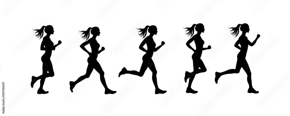 hand-drawn silhouette vector set featuring woman in various dynamic running poses. hand-drawn silhouette vector set featuring woman in various dynamic running poses.