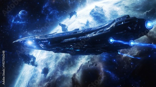 Obraz na płótnie A large interstellar explorer orbiting Earth, glowing with a blue energy trail, background wallpaper AI generated image w salonie