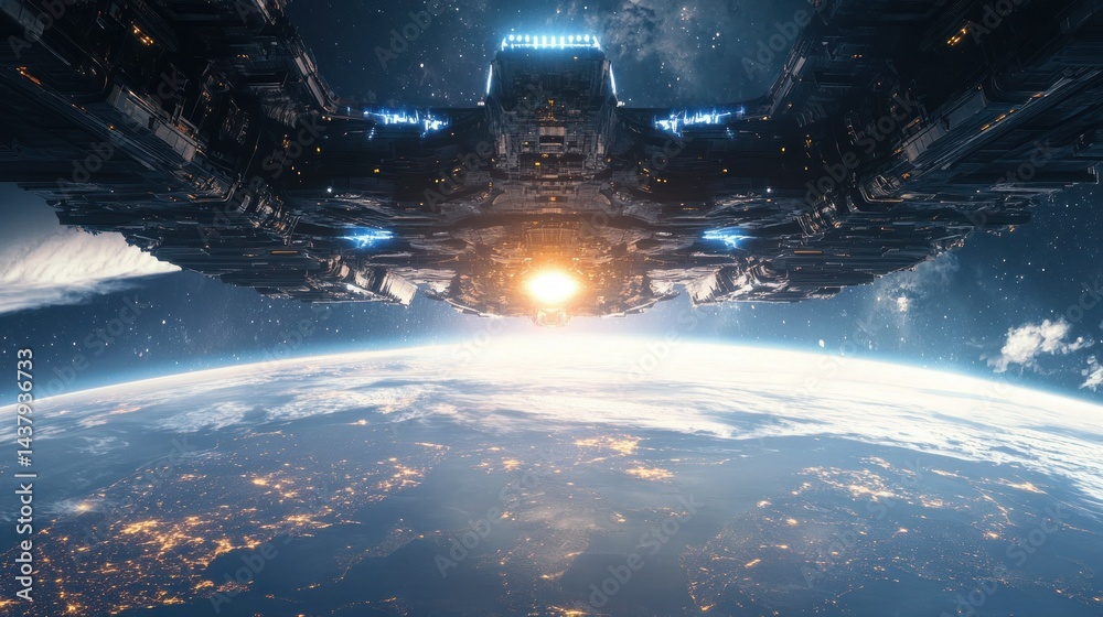 A large futuristic spaceship hovers above Earth, with a glowing core and advanced energy shields. background wallpaper AI generated image