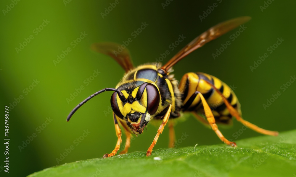 Naklejka premium A close-up shot of a wasp perched on a leaf, highlighting its tiny details and natural habitat
