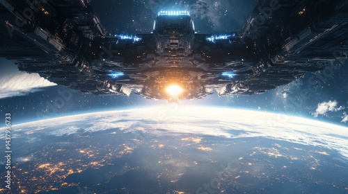 Obraz na płótnie A large futuristic spaceship hovers above Earth, with a glowing core and advanced energy shields. background wallpaper AI generated image w salonie