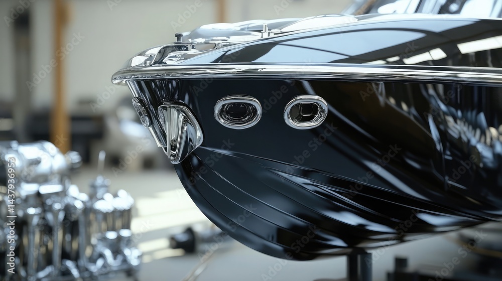 Boat engine intake vents and trim tabs shown in sharp detail on a dry dock setup
