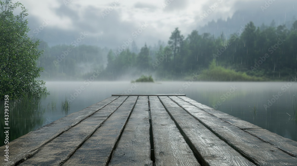 An old wooden pier stretching out into a misty lake, rain falling gently on its surface. background wallpaper AI generated image