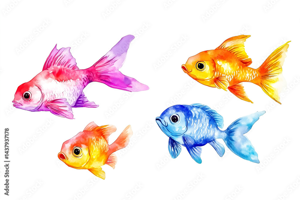Fototapeta premium Set of cute colorful cartoon watercolor fishes. Collection of bright see, river and lake fish for textile design, kids print, decoration, poster, banner, sticker