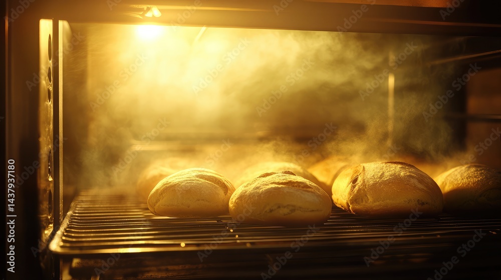 Bread loaves baking inside a commercial oven with soft golden lighting