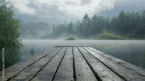 Obraz na płótnie An old wooden pier stretching out into a misty lake, rain falling gently on its surface. background wallpaper AI generated image w salonie