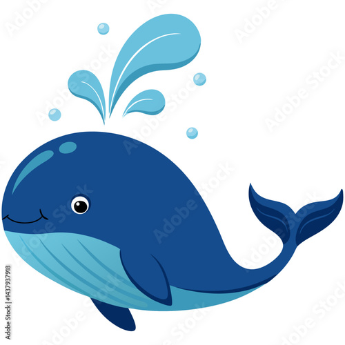 Cute blue whale spouting water cartoon illustration, flat sea animal design

