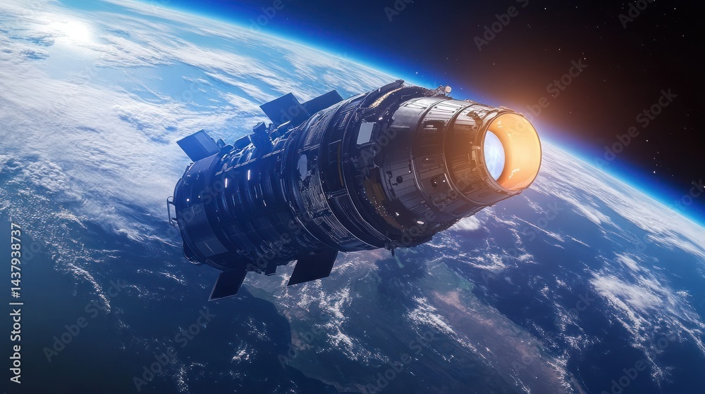 A large spaceship orbiting the Earth, with engines emitting a soft blue light, background wallpaper AI generated image