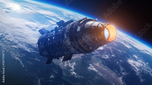 Obraz na płótnie A large spaceship orbiting the Earth, with engines emitting a soft blue light, background wallpaper AI generated image w salonie