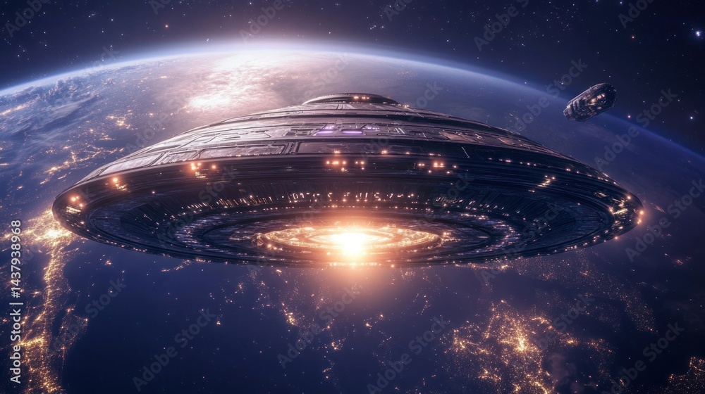 A large alien ship orbiting Earth, with a mysterious bright energy structure. background wallpaper AI generated image