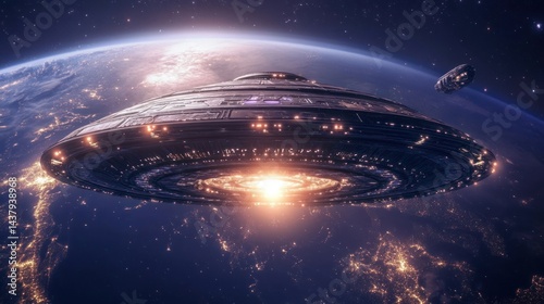 Obraz na płótnie A large alien ship orbiting Earth, with a mysterious bright energy structure. background wallpaper AI generated image w salonie