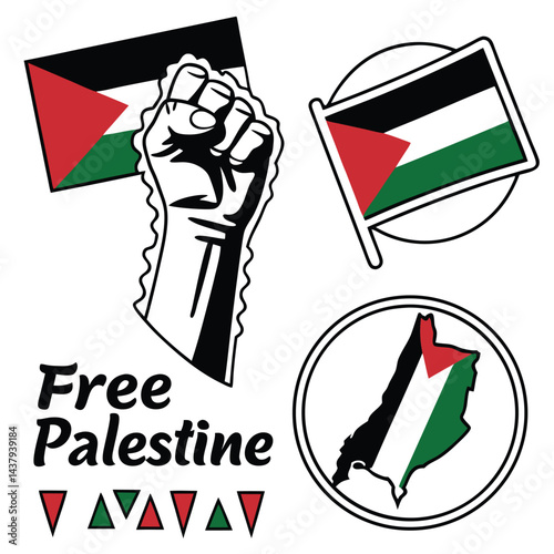 "Free Palestine Stickers Collection – Raised Fist, Palestinian Flags, Freedom Symbols, Human Rights Movement, Solidarity Art, Protest Illustration, Political Activism Graphics, Palestine Support Image