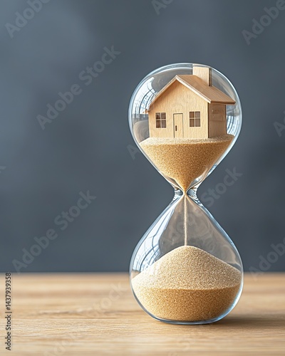 Housing crisis impact economic. A small wooden house sits atop sand inside an hourglass, symbolizing the passage of time and home investment.