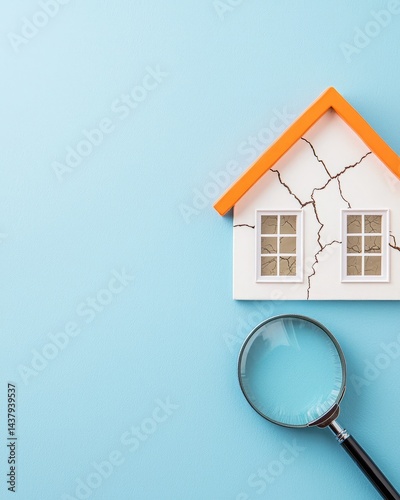 Housing crisis impact economic. A magnifying glass examines a cracked house model on a blue background, symbolizing home inspection or structural damage.