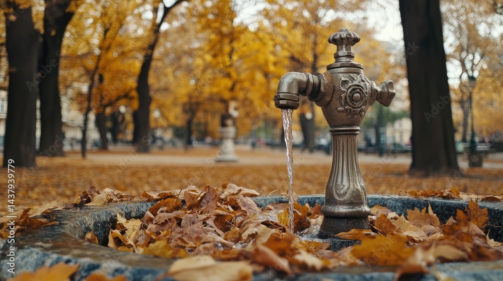 Drinking water tap in a public park with dry leaves scattered around the base