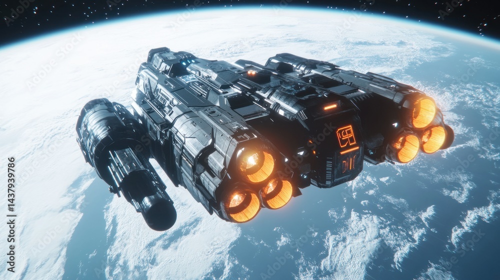 A large spaceship floating in Earth's orbit, with shining engines. background wallpaper AI generated image