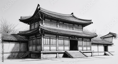 Korean hanok traditional house building design in sketch hand drawing black and white on plain white background