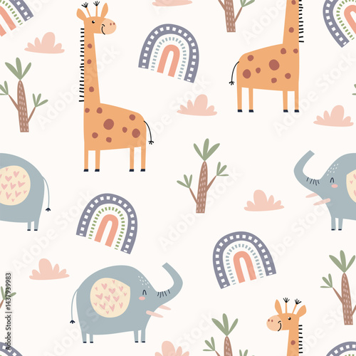 Childish and playful seamless pattern with cute giraffe, elephant, rainbow, cloud and tree. Vector illustration for kids or baby apparel,  textile, nursery, wrapping paper, kindergarten and other