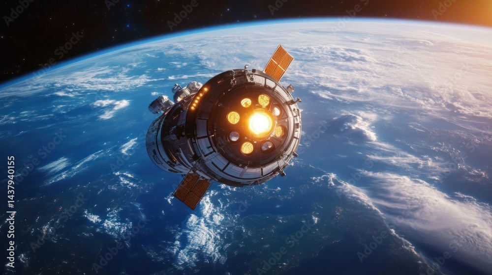 The spaceship hovers in Earth's orbit, with its large, glowing thrusters, background wallpaper AI generated image