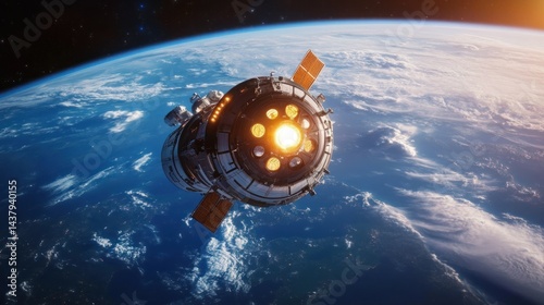 The spaceship hovers in Earth's orbit, with its large, glowing thrusters, background wallpaper AI generated image