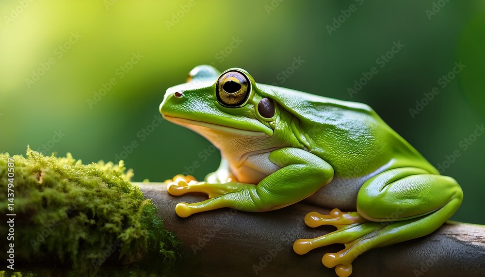 Fototapeta premium vibrant green frog resting on a branch with focus and a blurred green background