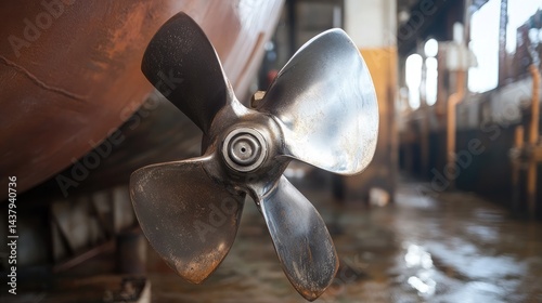 High-detail shot of a stainless steel propeller blade attached to an idle boat engine