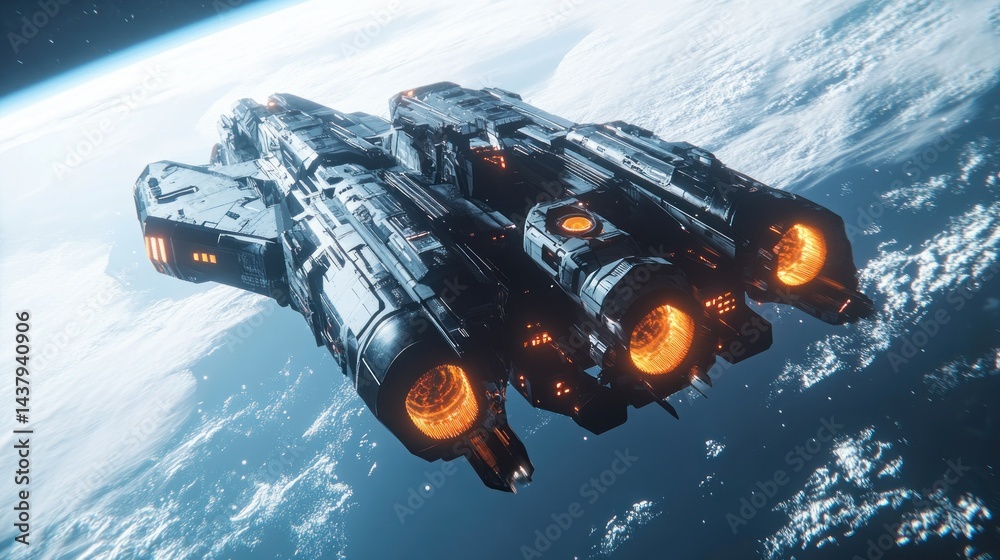 A large spaceship floating in Earth's orbit, with shining engines. background wallpaper AI generated image