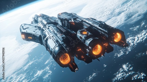Obraz na płótnie A large spaceship floating in Earth's orbit, with shining engines. background wallpaper AI generated image w salonie