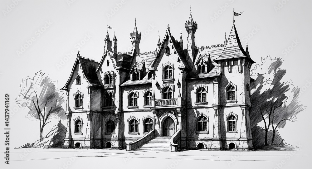 Obraz premium Medieval fantasy castle mansion building design in sketch hand drawing black and white on plain white background